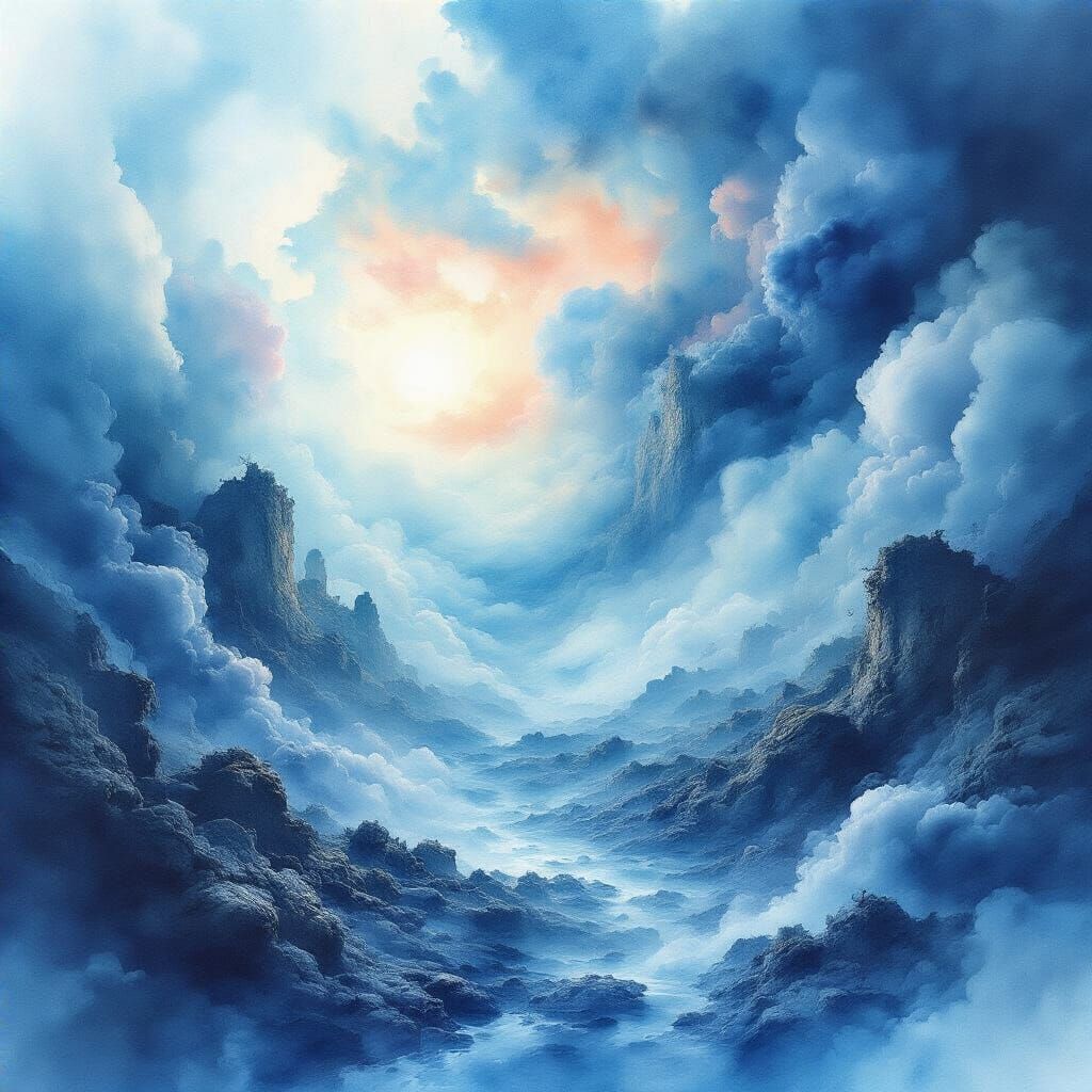 Surreal Azure Dreamscape in Watercolour and Ink