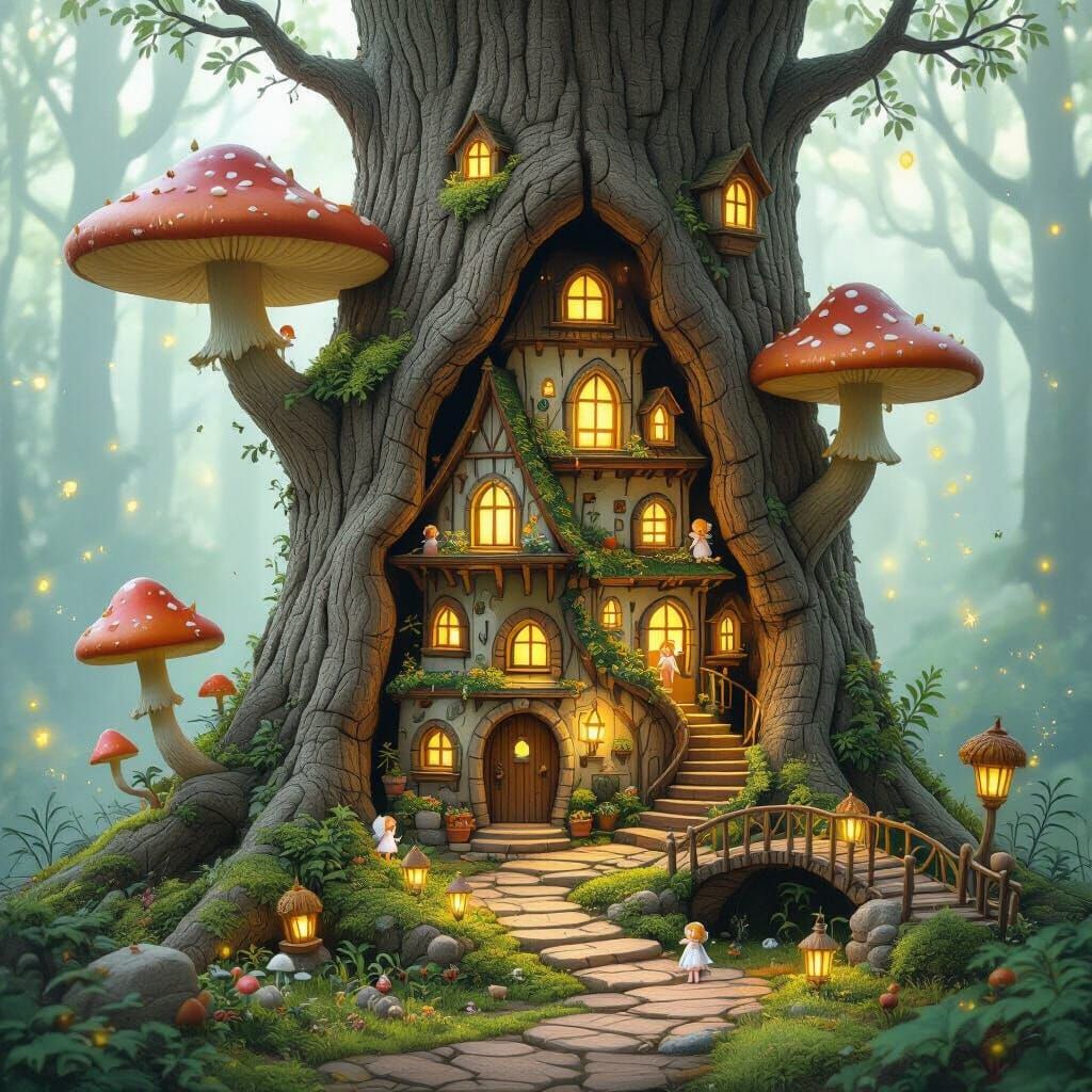 Miniature Village in Ancient Tree Trunk, Whimsical Art