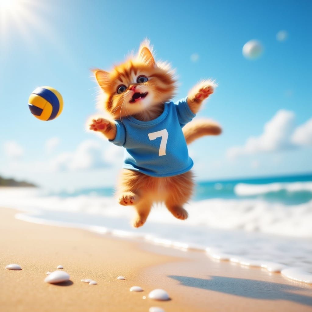 Ginger Cat Leaps for Volleyball on Sunny Beach