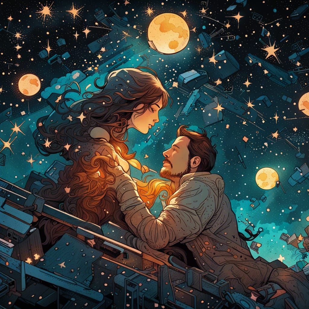 Lovers Under Starry Sky in Splash Art Style