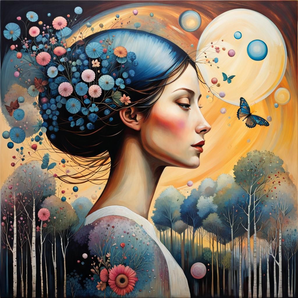 Girl on Hill at Sunset, Art Brut Style