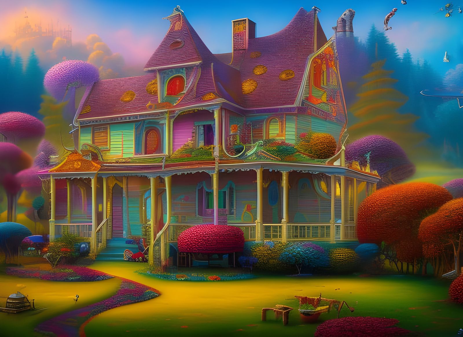 Surreal Lowbrow House in Psychedelic Abstract Style