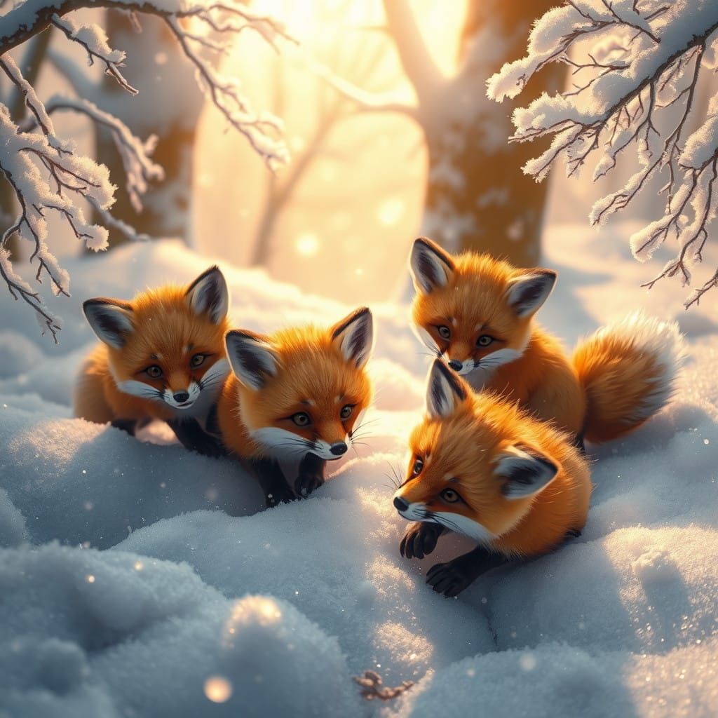 Whimsical Winter Foxes in Snowy Wonderland