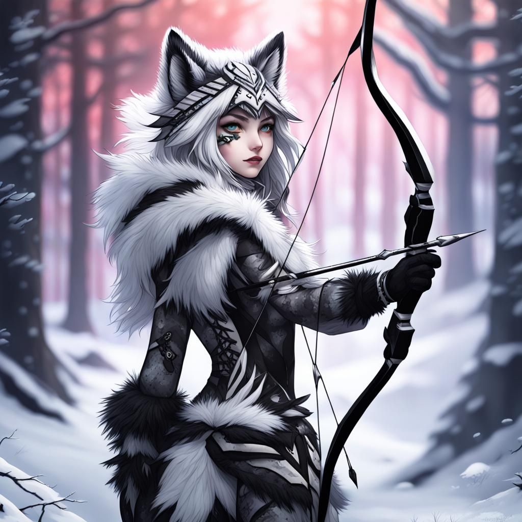 Anime Hunter Girl with Wolf Features in Snowy Forest
