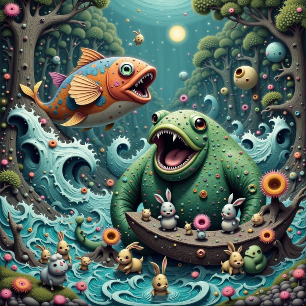 Sea Monster Emerges at Bunny Bay: Whimsical Storybook Scene