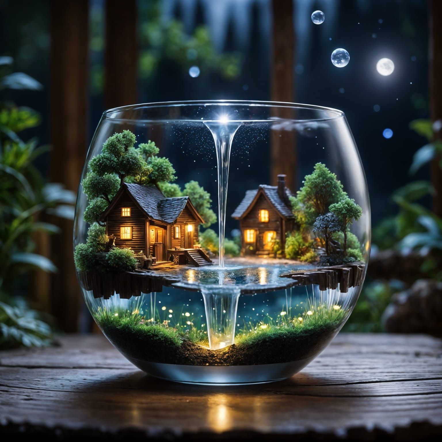 Whimsical Nighttime Waterfall in a Miniature World