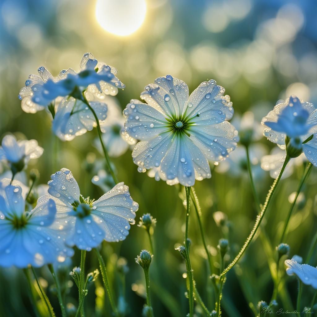 Dewy Herbs and Flowers in Golden Sunlight: Macro Photography