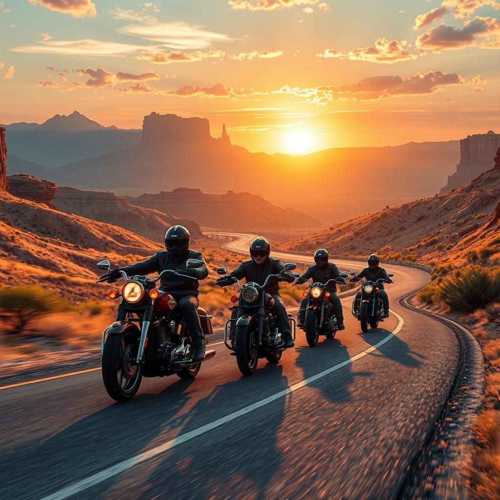 Motorcycle Riders in Sunset Landscape, Detailed Fantasy Art