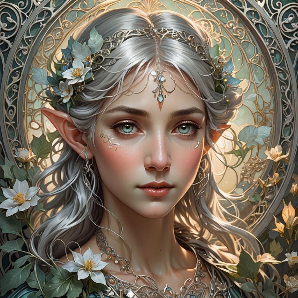 Elegant Elf Portrait in Art Nouveau Style