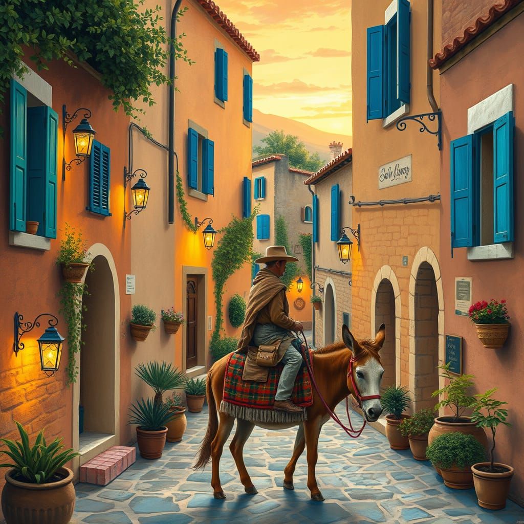 Mediterranean Village Scene with Donkey and Lanterns