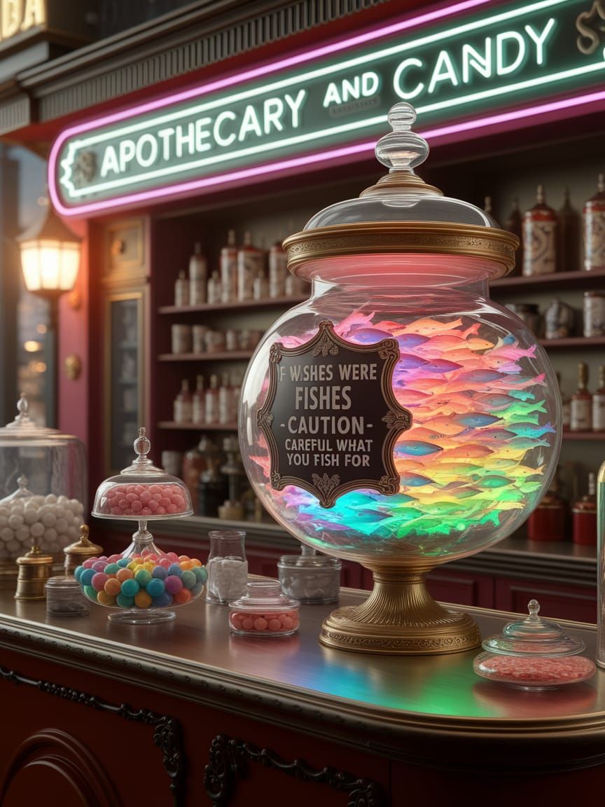 Vintage Apothecary Shop with Glowing Rainbow Fish