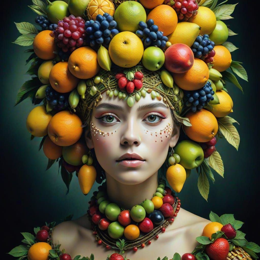 Surreal Woman Portrait with Avant-Garde Fruit Headpiece