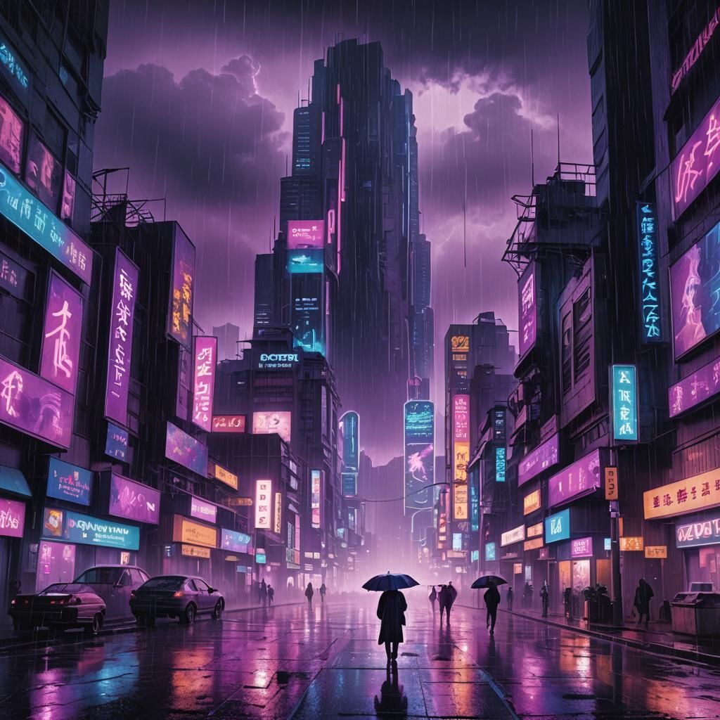 Neon Vaporwave Cityscape in the Rain