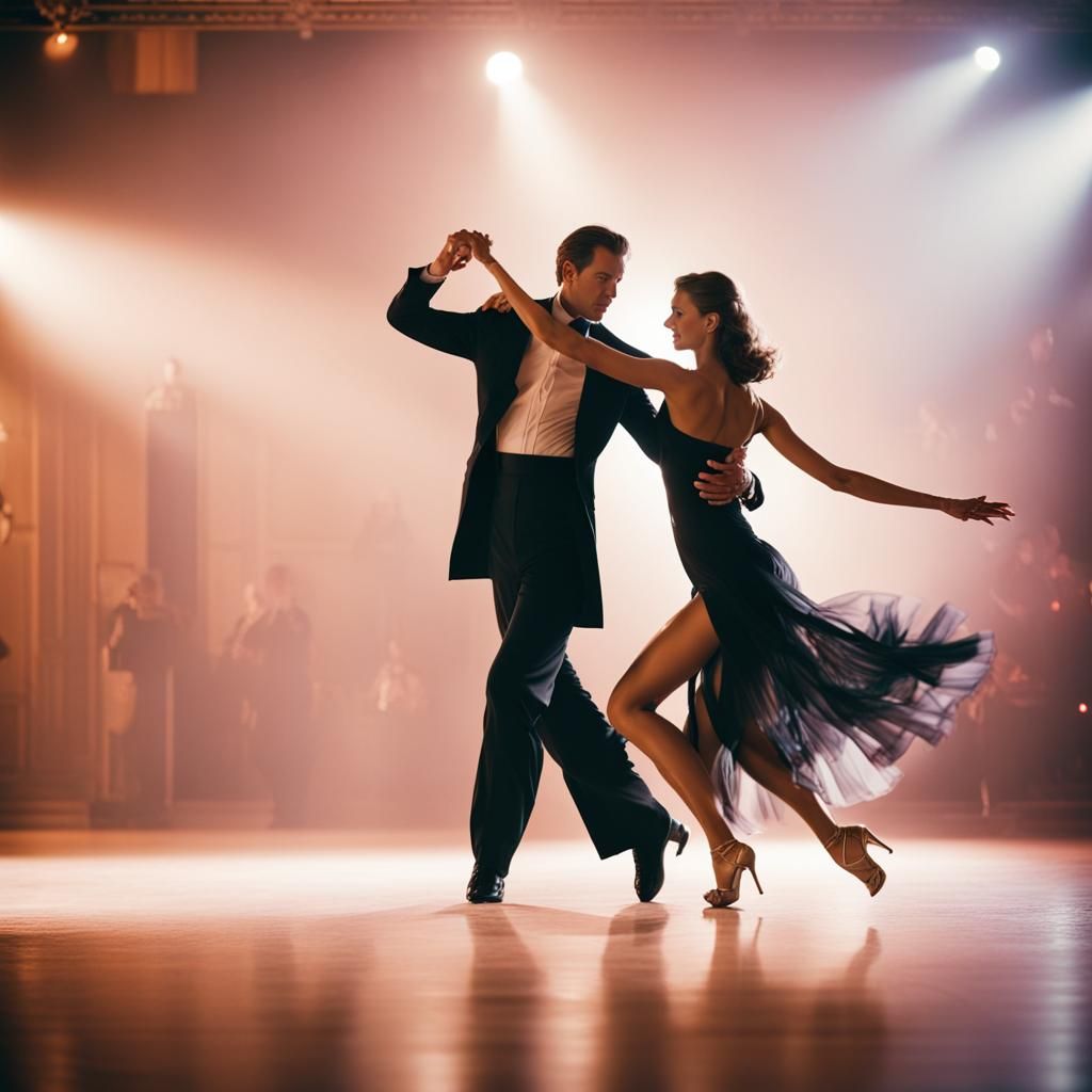 Dynamic Cha-Cha Dance Competition: Cinematic Film Still