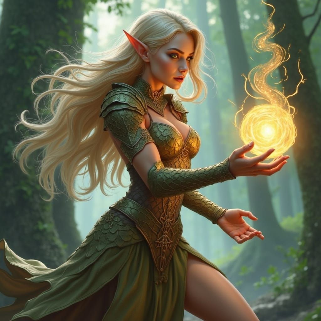 Ethereal Elven Sorceress Confronts Arcane Energy