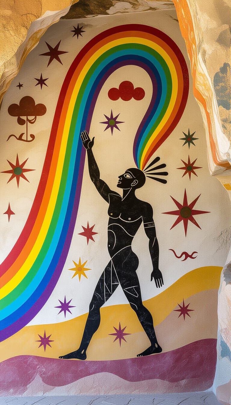 Ancient Cave Painting Style Figure with Rainbow Arc