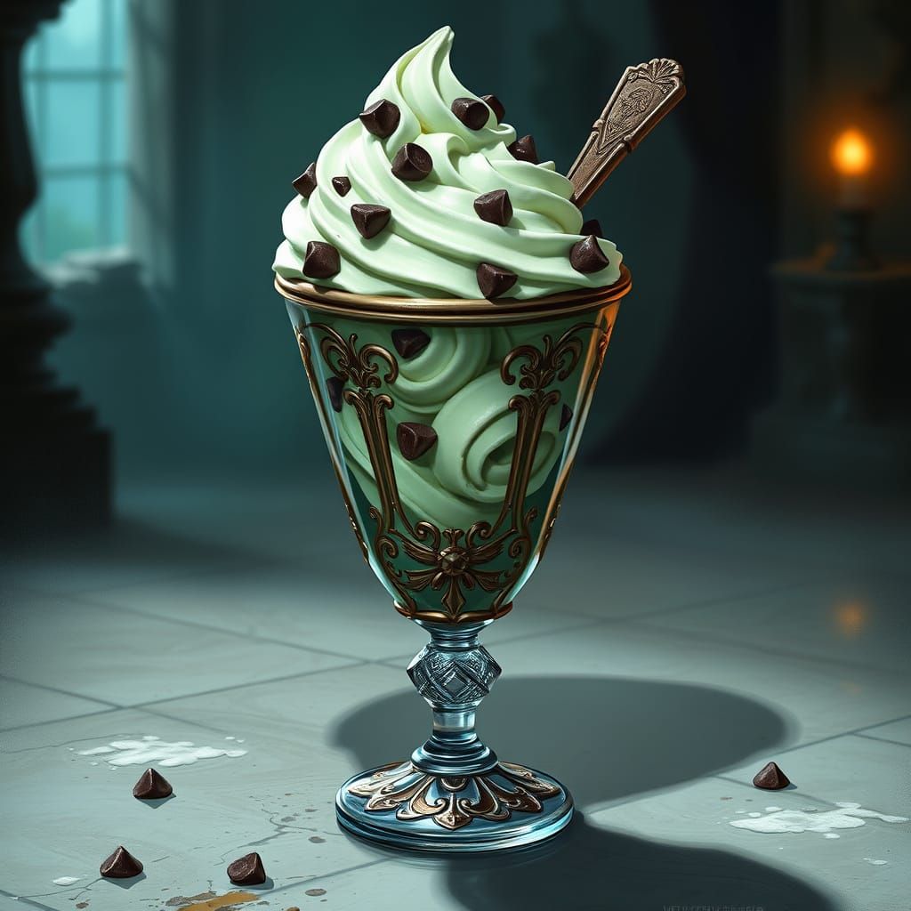 Mint Chocolate Chip Ice Cream in Ornate Glass, WoW Concept A...
