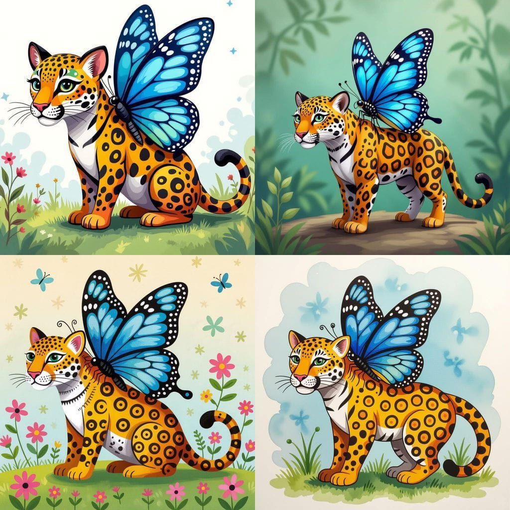 Jaguar Alebrije with Butterfly Wings, Warli Aquarelle