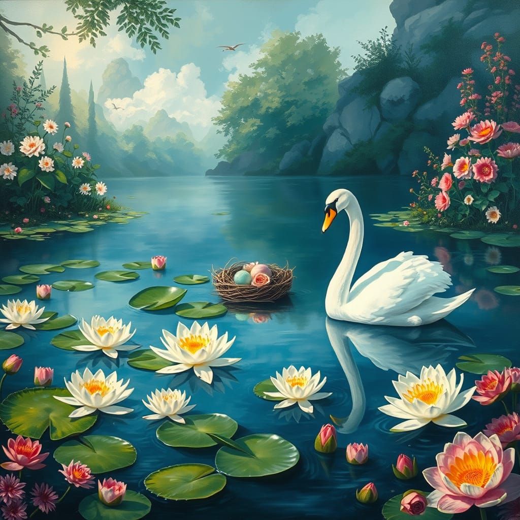Swan on Serene Lake: Impressionist Masterpiece
