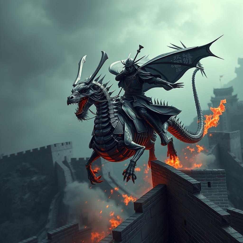 Samurai Warrior on Dragon Soaring Over Great Wall
