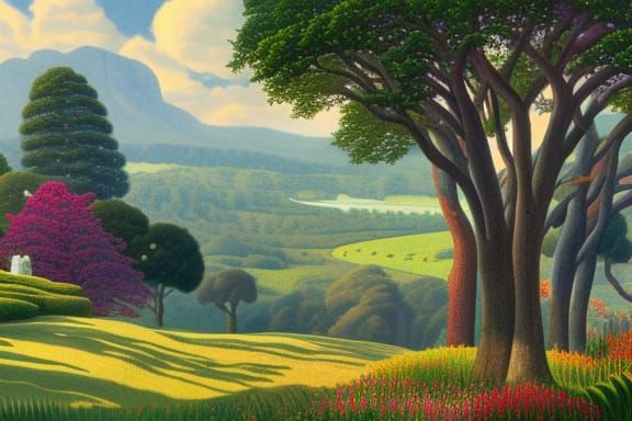 Idyllic Landscape with Distant Temple in Dreamlike Style