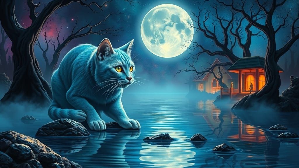 Cosmic Cat Fishing on Dreamlike River in Watercolor Style