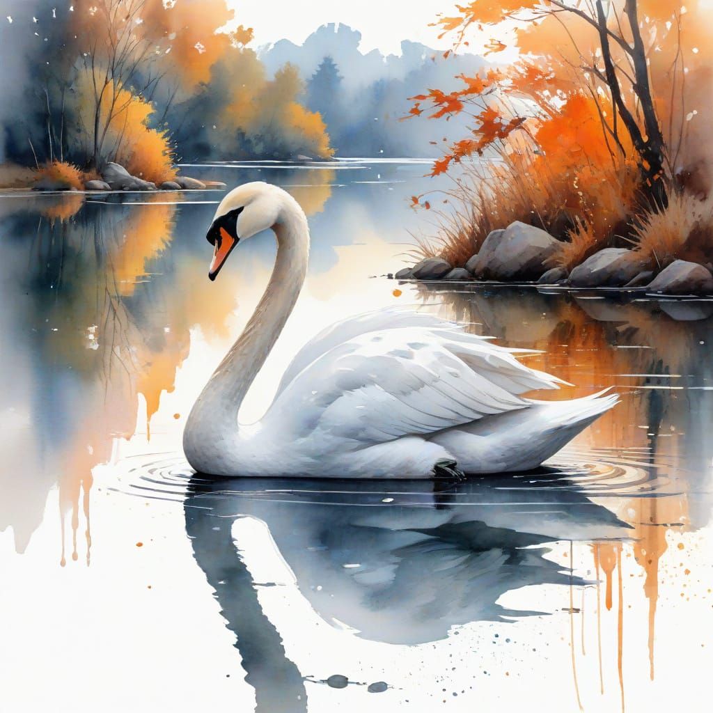 Surreal Watercolour Swan at a Serene Lakeside Shrine