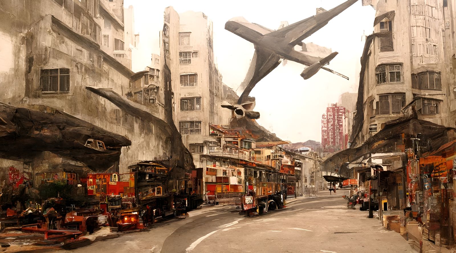 Surreal Steampunk Plane Over Hong Kong Street