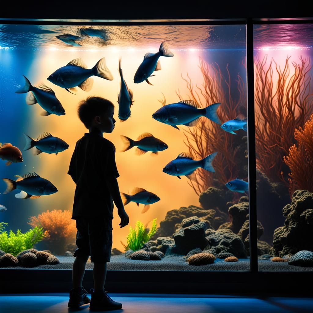 Boy Silhouette in Front of Colorful Aquarium