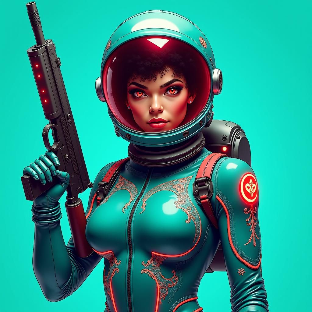 Venezuelan Woman with Laser Rifle in Cyberpunk Spacesuit