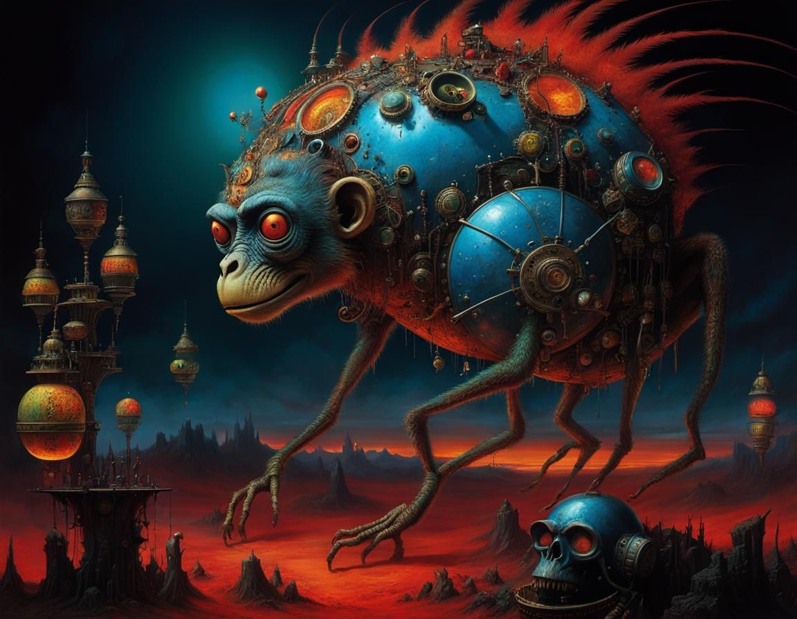 Psychedelic Steampunk Monkey Drummer in Fantasy Nightclub