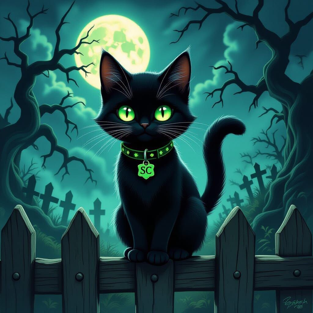 Cute Black Cat on Fence in Spooky Halloween Landscape