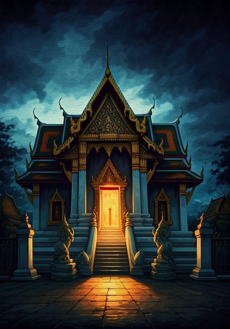 Thai Temple Horror Scene in James Gurney Style Oil Painting