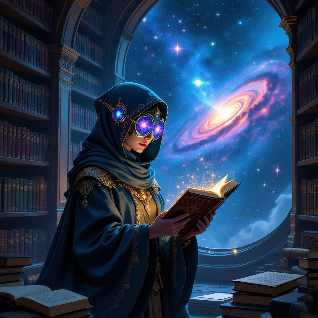Cosmic Librarian Guards Celestial Library in Fantasy Art