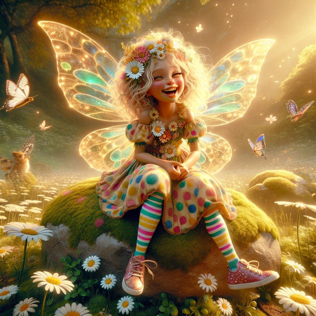 Whimsical Fairy Seated on Ancient Stone in Sunlit Meadow