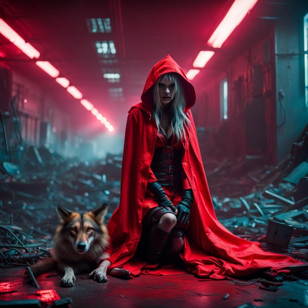 Cyberpunk Red Riding Hood in Dystopian Setting