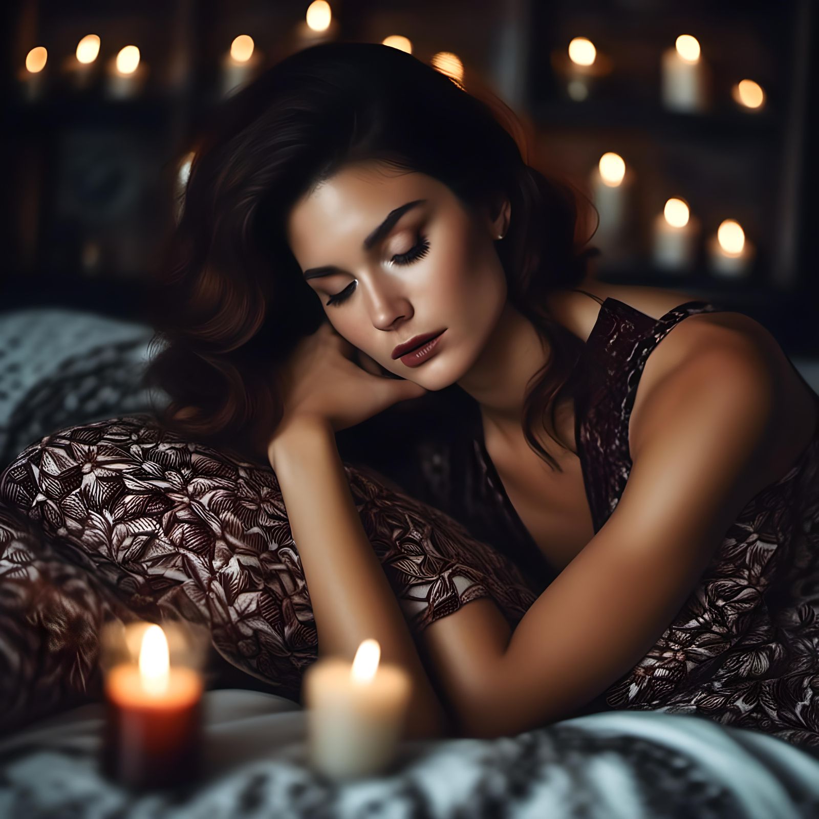 Woman Reclining in 70s Chic Style with Candles