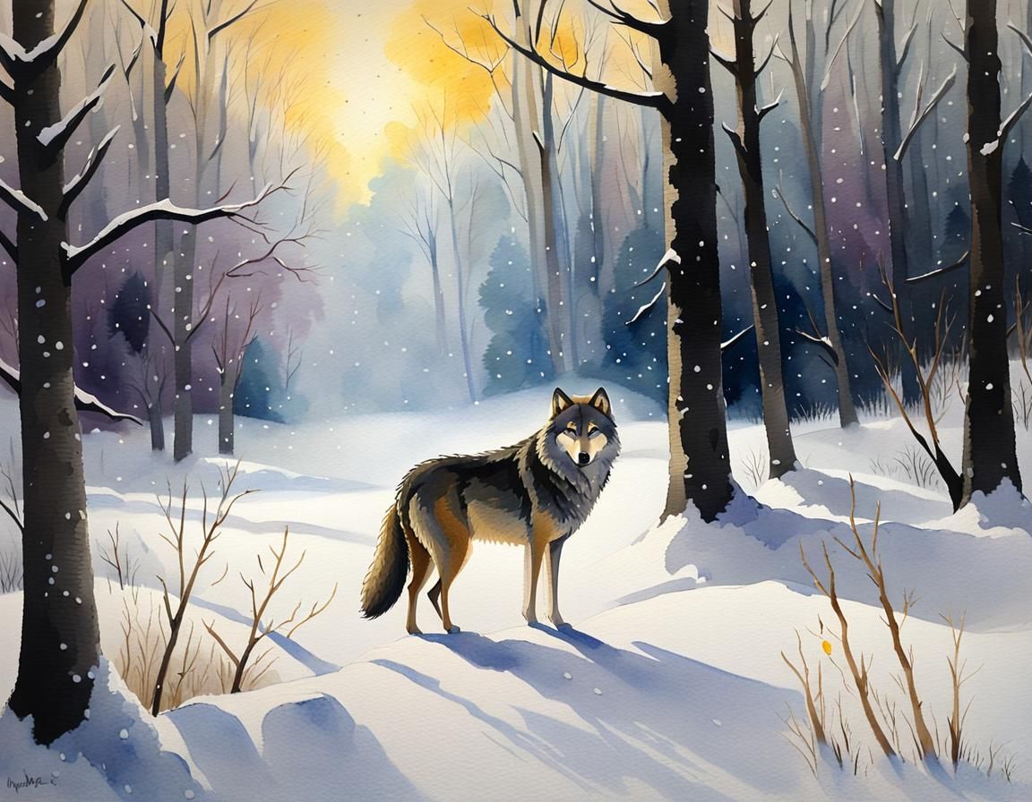 Wolf in Snowy Woods: Watercolor Landscape