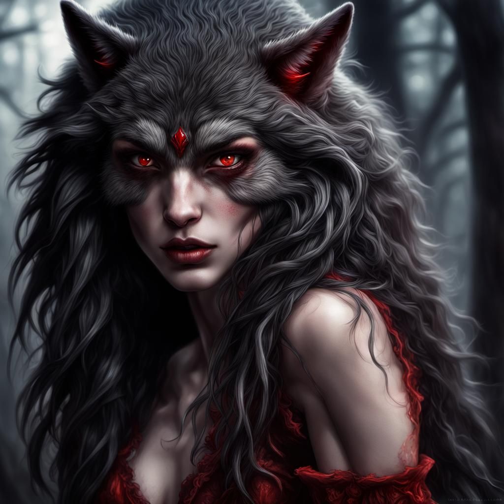 Hyperrealistic Werewolf Alpha Woman with Glowing Eyes