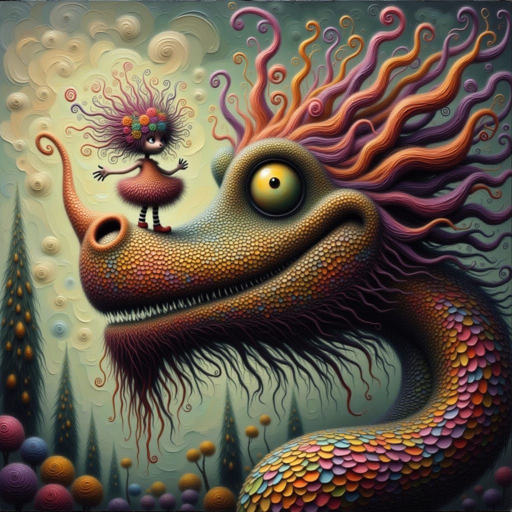 Colossal Dragon Snout with Rainbow Creature, Whimsical Vibra...