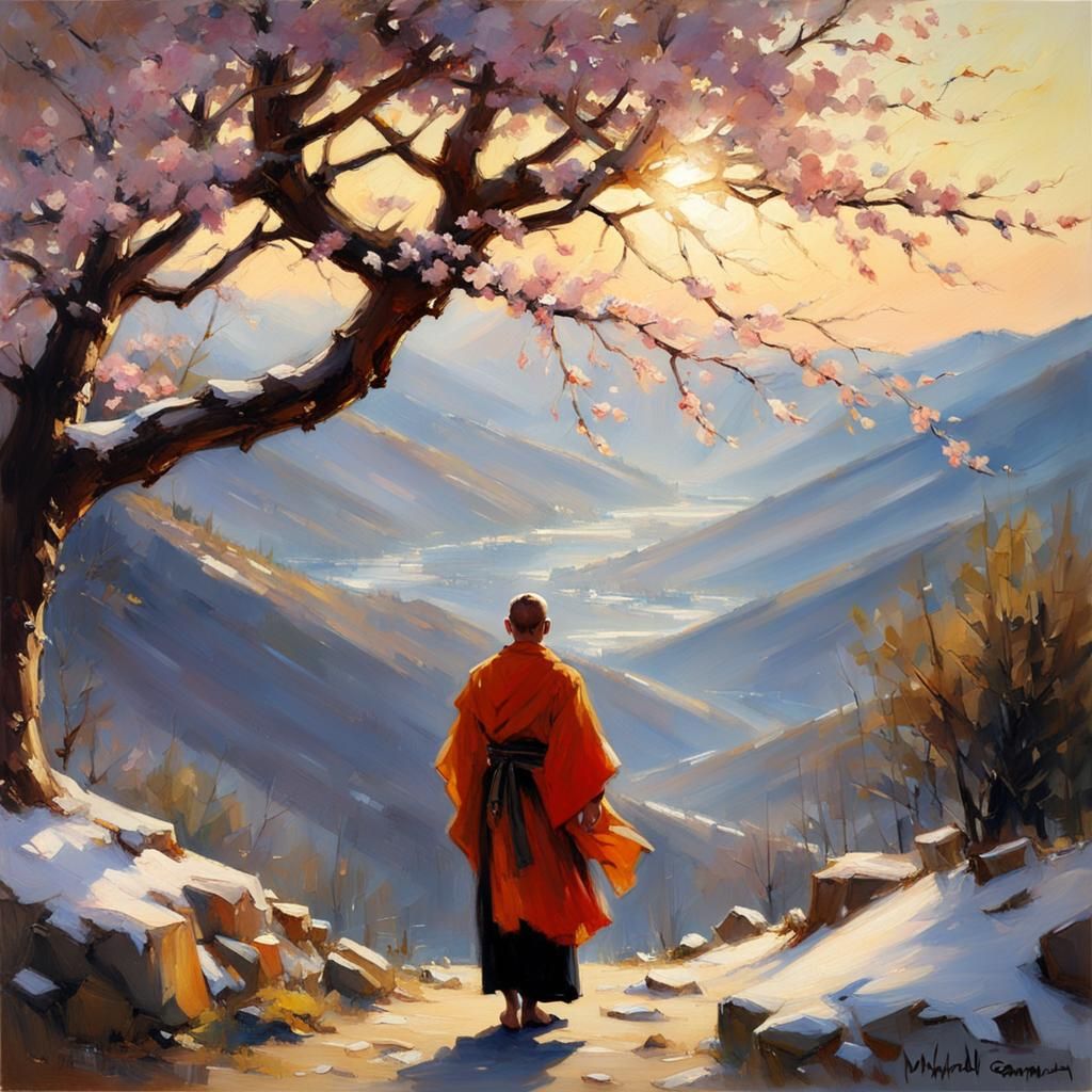 Monk Meditating Under Sakura Tree at Sunrise