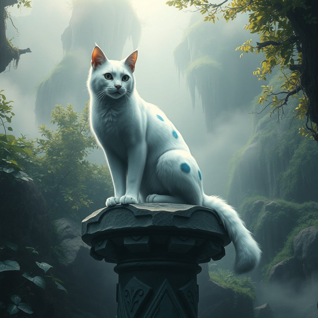 Blue-Spotted White Cat on Mystical Pedestal