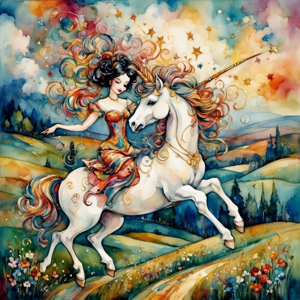 Betty Boop Rides a Unicorn in Cubist Klimt Style