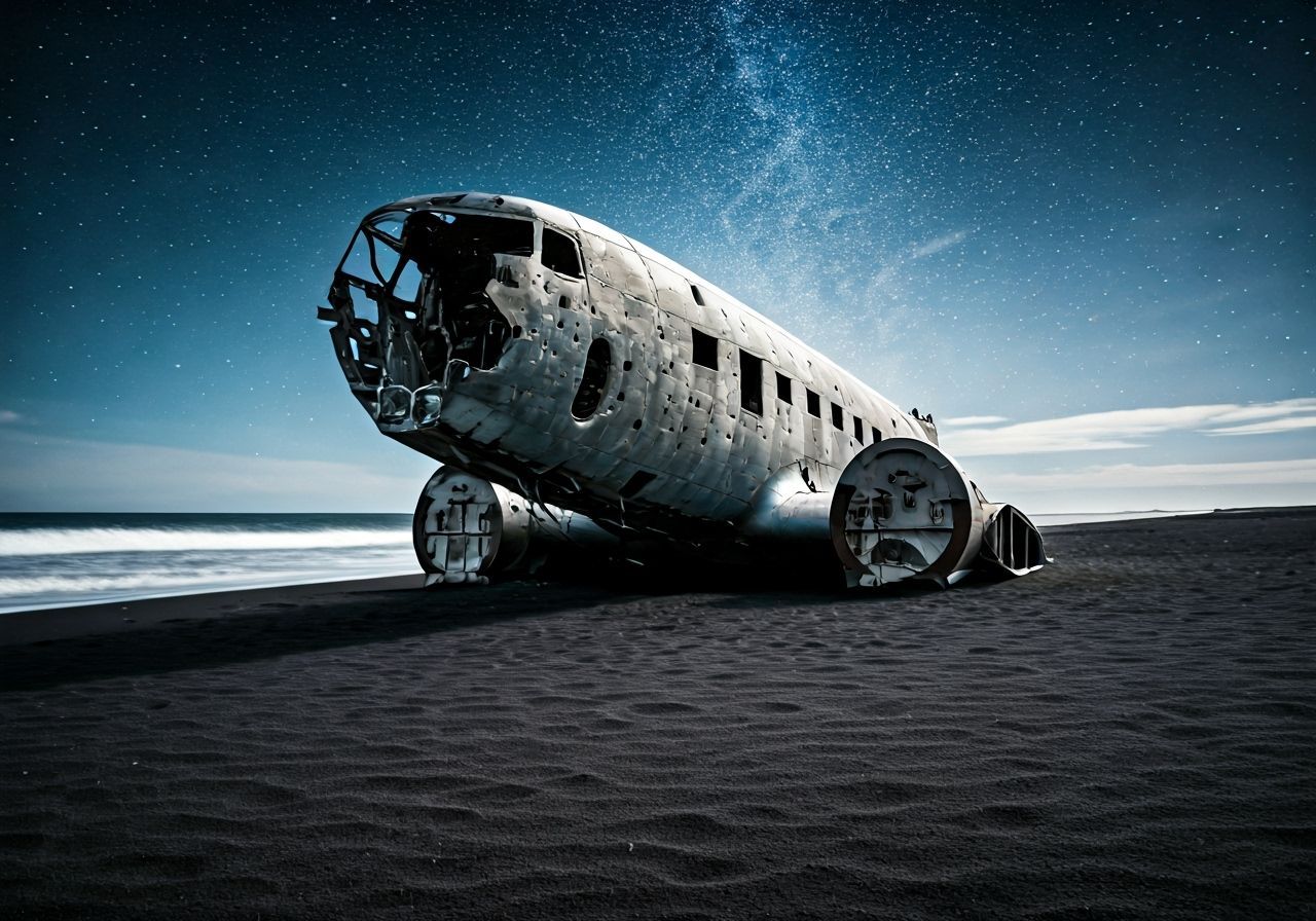 Crashed Aircraft Under Starry Night Sky
