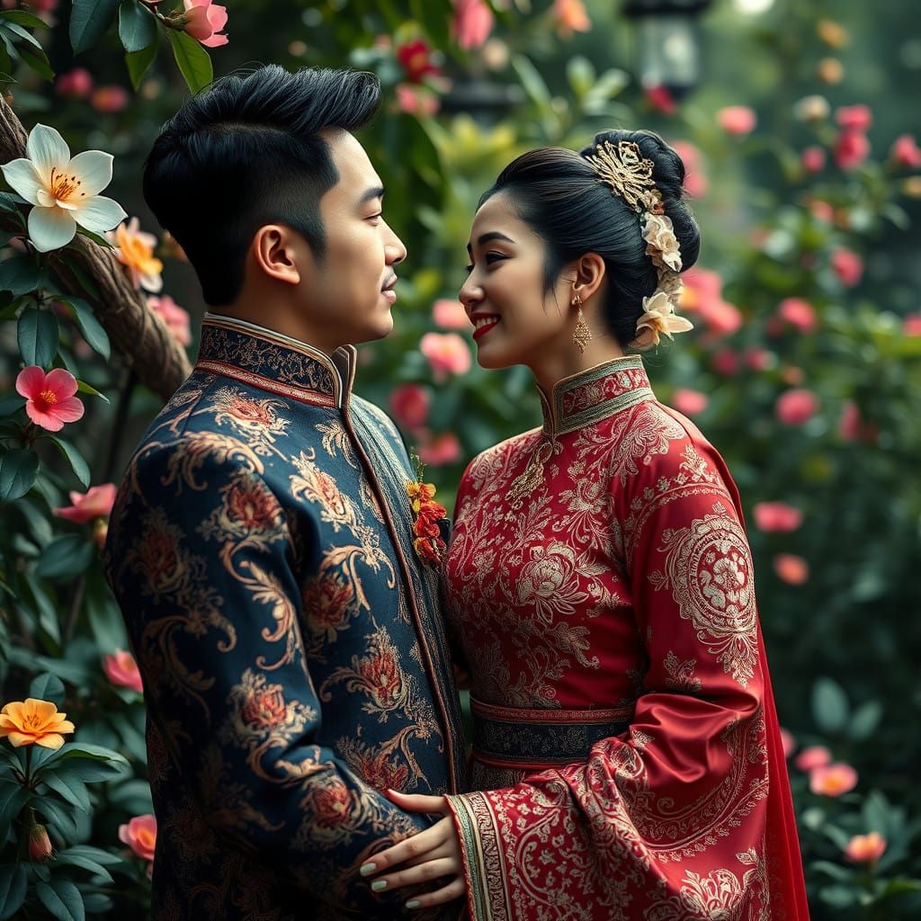 Elegant Asian Couple in Vibrant Hyperrealistic Portrait