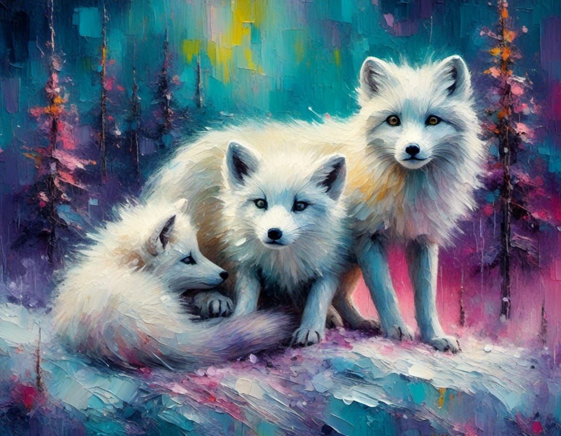 Arctic Fox Family Under Northern Lights: Oil Painting
