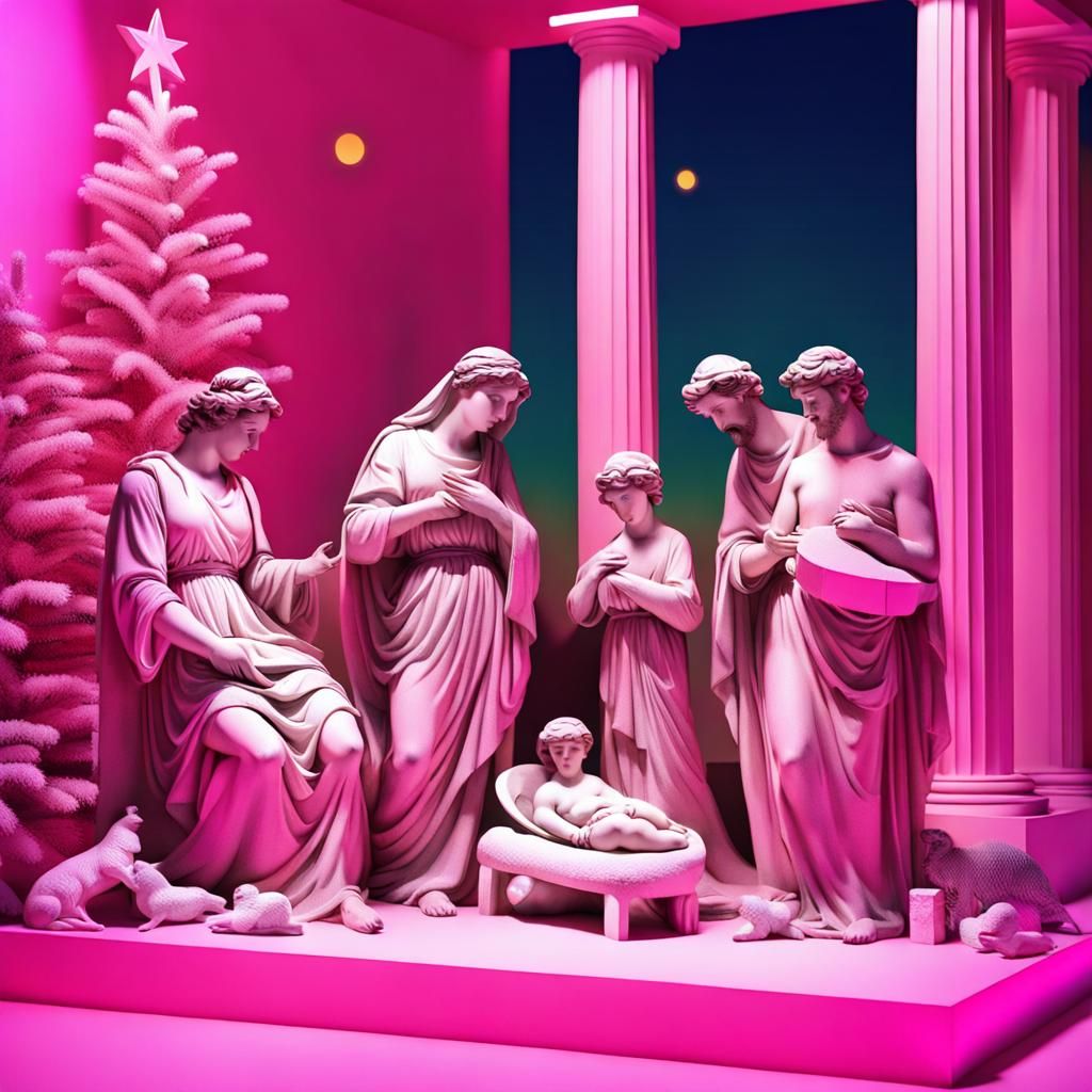 Vaporwave Nativity Scene with Greek Sculpture