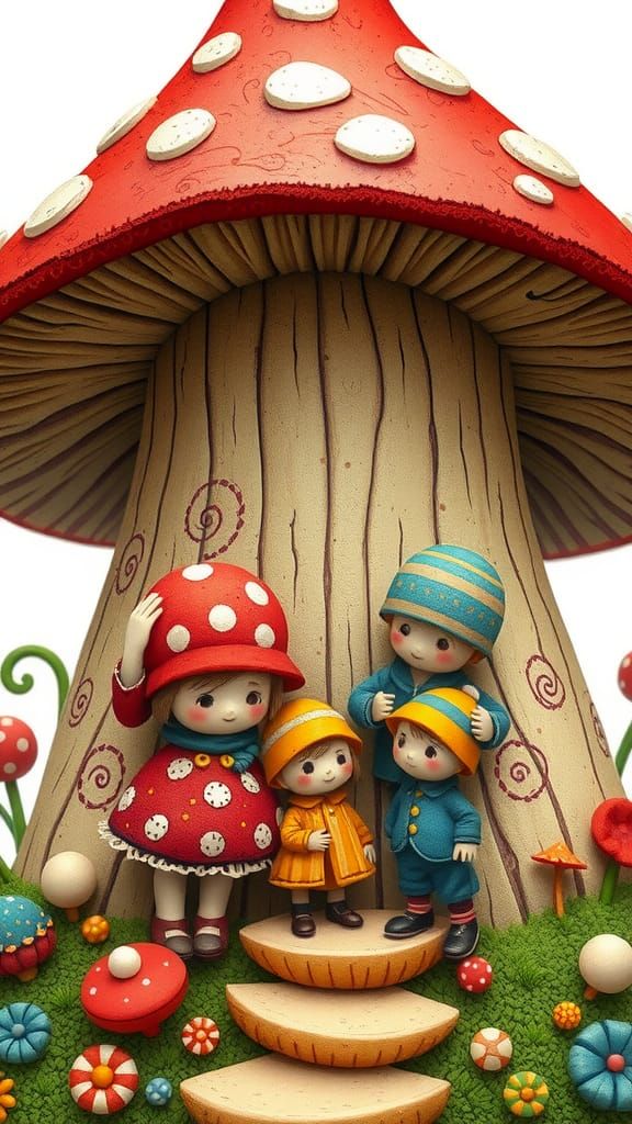 Whimsical Mushroom Family Adventure in Gouache Style