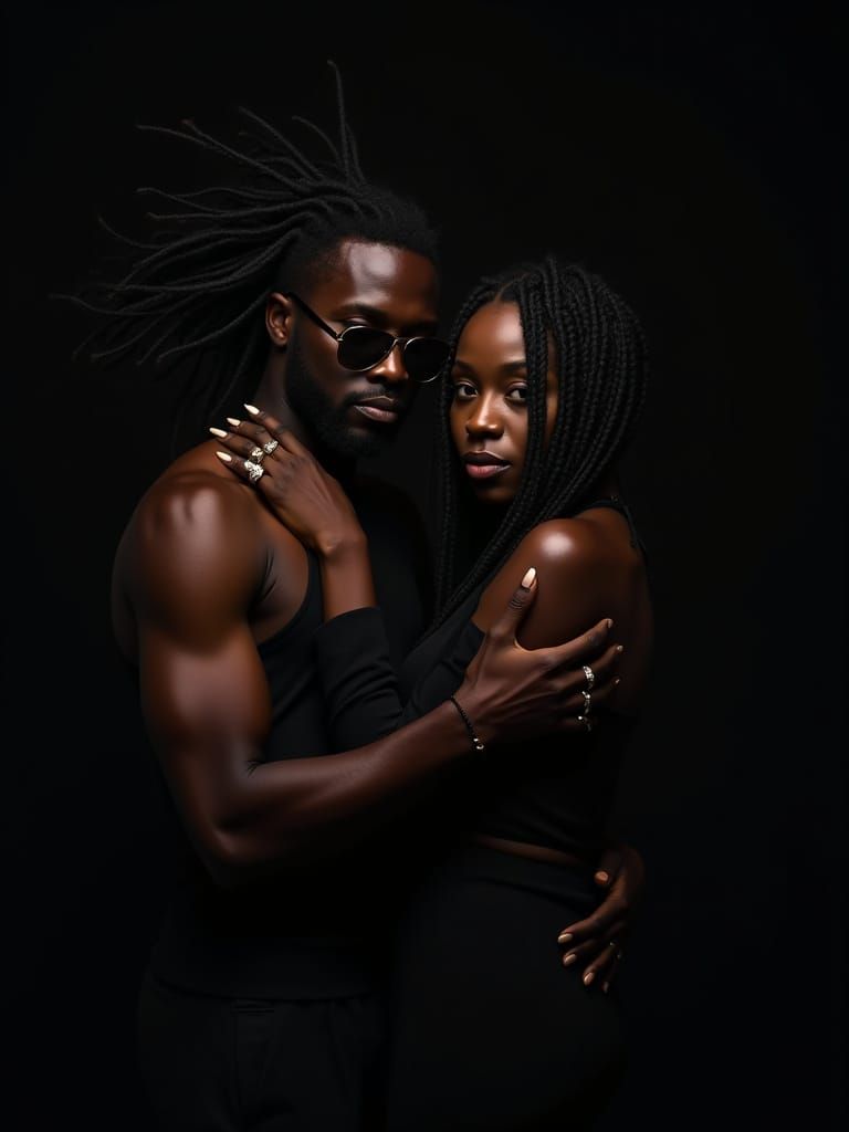 African American Couple Embracing in Intimate, Moody Portrai...