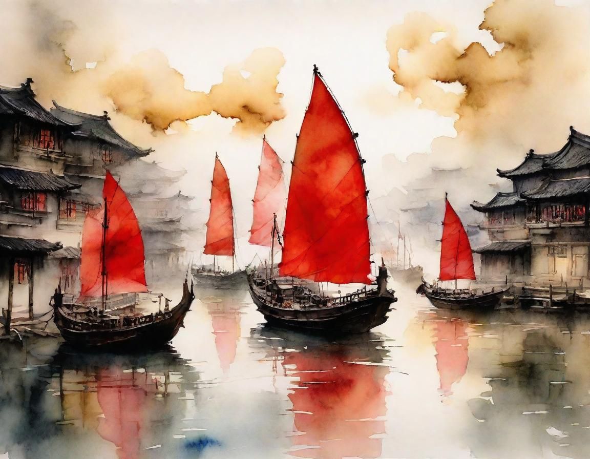 Ancient Chinese Harbor with Red Sails in Watercolor